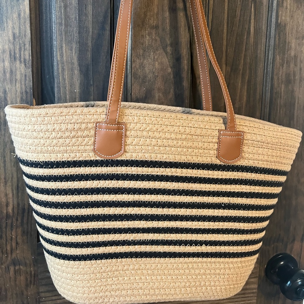 Striped Tan and Black Tote Bag